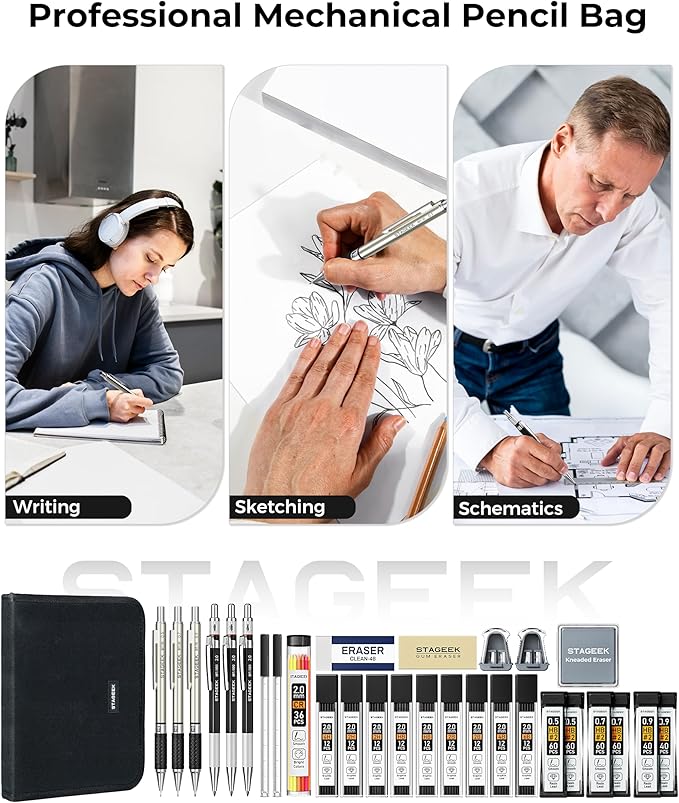 Mechanical Pencil Set with Canvas Bag 30 Count, Drawing Pencils 0.5, 0.7, 0.9MM & 3PCS 2MM Sketching Pencils with 464PCS Lead Refills (6B 4B 2B HB 2H 4H Color) for Artist Drafting Drawing