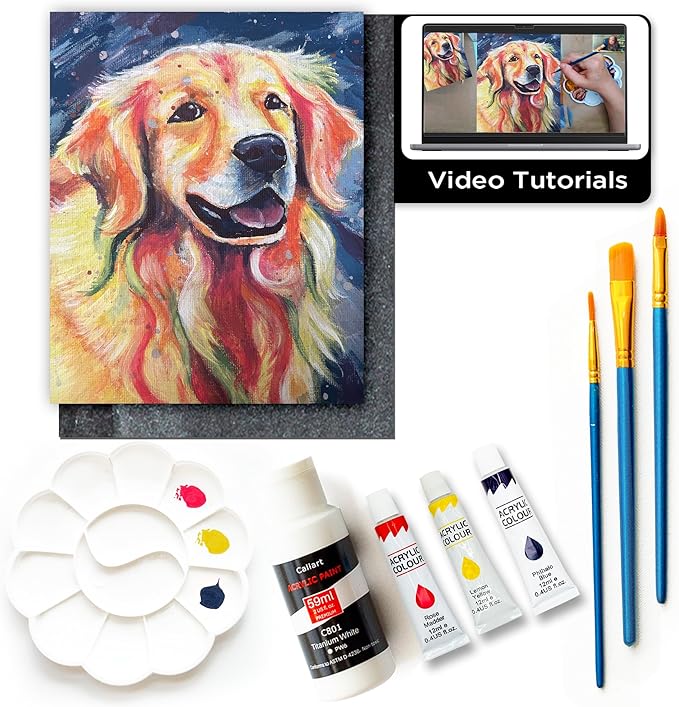 DIY Art Painting Kit for Adults – Learn to Paint Radiant Retriever with Video Tutorials – 9 Pieces Acrylic Paint Set for Adults –Perfect Christmas Crafts & Holiday Gifts for Art Lovers