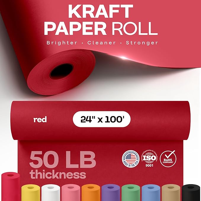 24" x 1200" (100 feet) Red Kraft Paper Roll - USA-Made Quality Craft Paper for Gift Wrapping, Kids' Arts & Crafts, School Projects - Natural Material 50lb Thickness by IDL Packaging