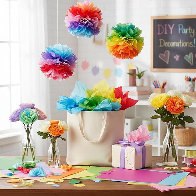Qilery 500 Sheets Colored Rainbow Tissue Paper Bulk for Gift Bags 15 x 20 Inch Acid Free Packaging Wrapping Decoupage Paper Sheets Easter Wedding Rainbow Party Decoration DIY Flowers, Pom Poms
