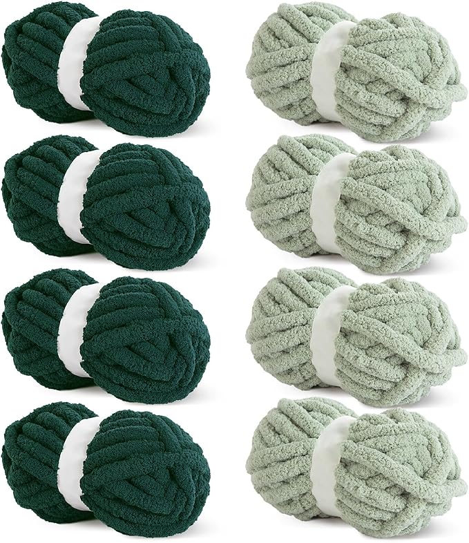 HOMBYS 8 Pack Assorted Chunky Yarn for Crocheting,Super Bulky Large Soft Fluffy Yarn,Plush Fuzzy Yarn,Thick Chenille Yarn for Hand Knitting/Arm Knitting,4 Green & 4 Dark Green(27yds,8 oz Each Skein)