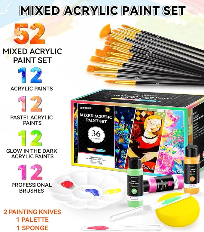 52 PCS Classic & Pastel & Glow in the Dark Acrylic Paint Set with 12 Brushes, 2 Knives & Palette, 36 Colors Art Craft Paint for Beginners, Canvas Ceramic Rocks Wood Painting Kit Art Supplies