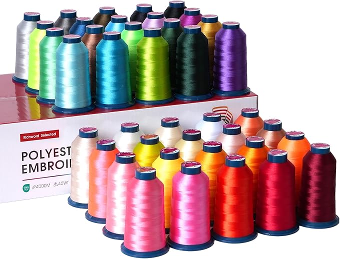 Richword Selected Embroidery Machine Thread 40 Colors 40WT (108D/2) Polyester Thread Kit Each Cone 4000M (4374Y)— Production Set for Multi-Design Commercial Projects