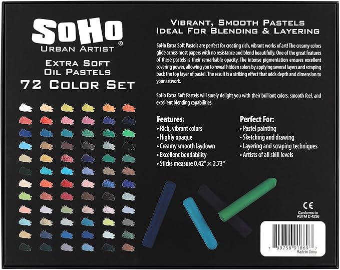 Soho Urban Artist Oil Pastels Set of 72 - Extra Soft, Blendable, Highly Pigmented and Vibrant, Ideal for Artists, Professionals, Students - Suitable for Drawing, Sketching, Layering, and Scraping