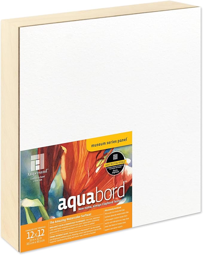 Ampersand Art Supply Watercolor Painting Panel: Museum Series Aquabord, 1-1/2 Inch Cradled Profile, 12" x 12"