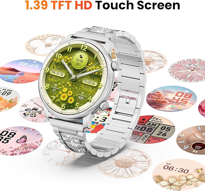 Hwagol Smart Watches for Women Android Phones iPhone Compatible(Bluetooth Call),1.39'' Round Fitness Tracker Heart Rate/SpO2/Sleep Monitor,100+Sport Modes Pedometer (Silver)