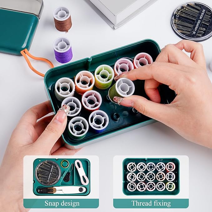 Mini Sewing Kits for Adults & Kids, Small Sewing Accessories and Supplies for Beginners with Needles, Threads, Scissors, Measure Tape, Suitable for Travel, Home, School and DIY Gift (Dark Green)