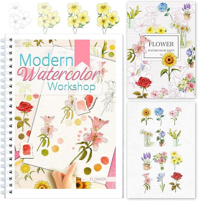 Watercolor Workbook for Beginners with Step-by-Step - 12 Watercolor Coloring Pages - 100% Cotton 300gsm/140lb Watercolor Paper - Gift for Women,Adults, Teens (Flower)
