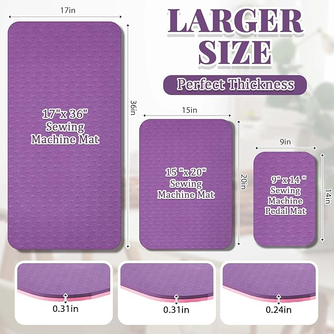 3 Pcs Sewing Machine Muffling Mat Pedal Mat Sewing Machine Pad No Slip Rubber Stay in Place Mats for Calms Vibration(Pink Purple,15 x 20 Inch,14 x 9 Inch,17 x 36 Inch)