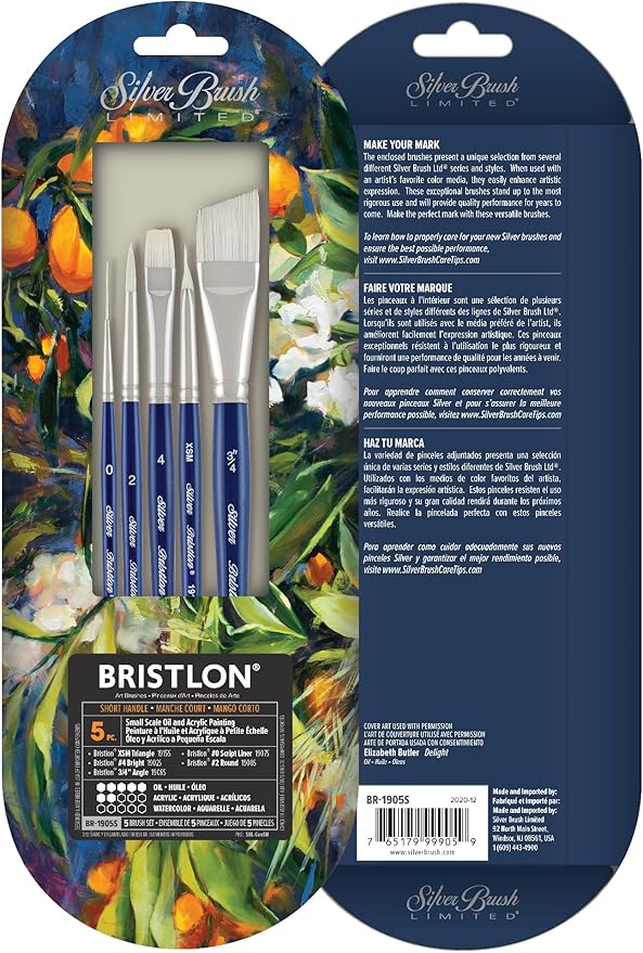 Silver Brush Limited BR-1905S Bristlon Detail Set, Paintbrushes for Oil, Acrylic, and Heavy Body Paints, Set of 5, #0 Script Liner, #2 Round, #4 Bright, XS Triangle, and 3/4" Angle Brush, Short Handle