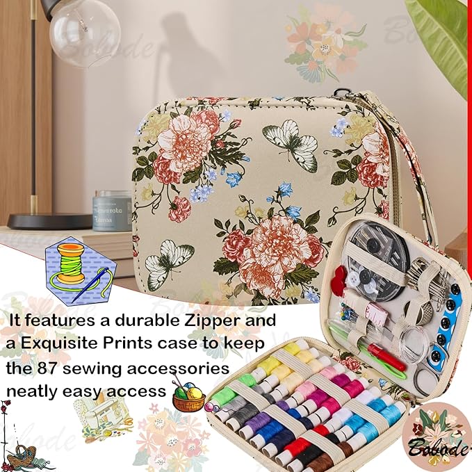 Printing Sewing Kit Floral Pattern Sewing Set Small Basic Travel Sewing Kit for Adults, 87 PCS Professional Sewing Supplies Accessory for Emergency, Home
