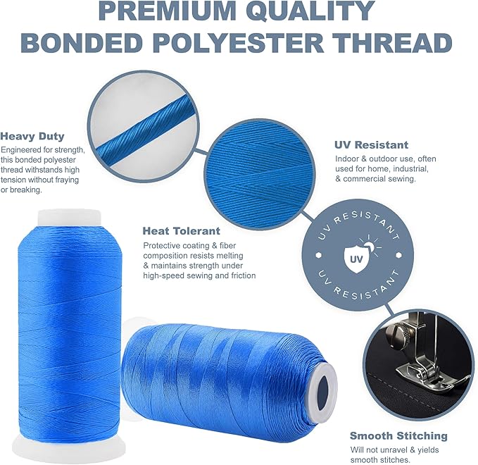 Mandala Crafts Sky Blue Heavy Duty Thread - 1500 Yds Tex 90 Bonded Polyester Threads for Sewing Drapery, Jeans, Leather, Hair, Outdoor Marine Upholstery