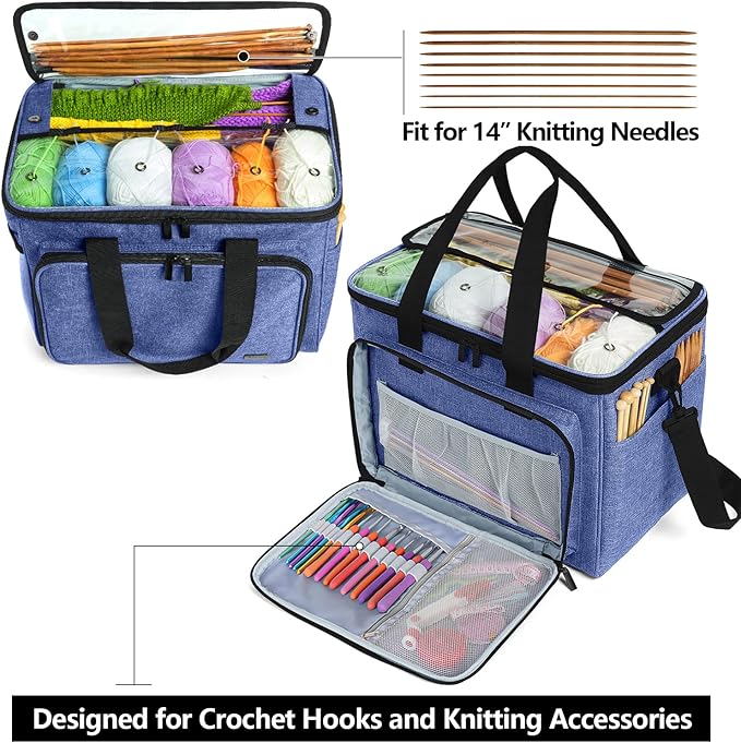Teamoy Knitting Bag, Yarn Tote Organizer with Inner Divider (Sewn to Bottom) for Crochet Hooks, Knitting Needles(Up to 14”), Project and Supplies, Dark Blue -No Accessories Included
