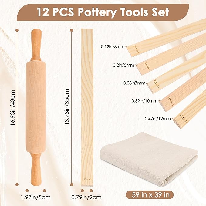 12 Pcs Pottery Tools Set, Include17in Slab Roller for Clay Pottery and 10 Pcs 5 Size Wooden Rolling Pin Guides, 1 Linen Tablecloth for Ceramic Clay Making