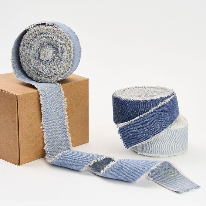 Pretty Jolly Blue Denim Ribbon for Crafts Handmade Rustic Frayed Cotton Jean Fabric Ribbon for Flower Bouquet 15 Yards 1 Inch Cloth Ribbons for Gift Wrapping Hair Sewing Accessories Holiday Decor