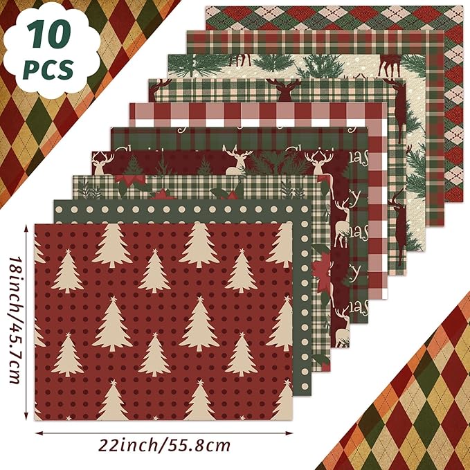 Hahafelt 10 Pcs Christmas Woodland Quilting Fabric 18 x 22 Inch Vintage Christmas Fabric Bundles Homespun Rustic Precut Reindeer Poinsettia Plaid Snowflake Fat Squares for Xmas Winter Craft Sewing DIY