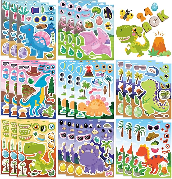 24 Sheets Dinosaur Stickers, Make Your Own Dino Stickers for Kids Boys Girls Toddlers, Make a Face Stickers Dinosaur Theme Birthday Party Favor Supplies, Teacher Reward Stickers