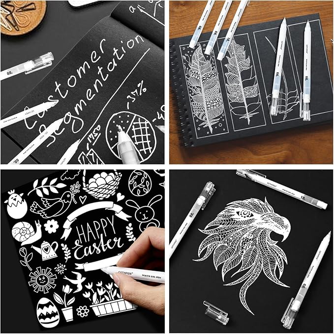 White Gel Pens,0.6mm 08mm 1.0mm Fine Point Opaque White Archival Ink Pen for Black Paper Drawing, Sketching, Illustration, Bullet Journaling, Pack of 9