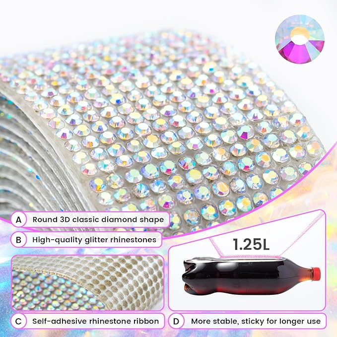 Novani Self Adhesive Rhinestone Ribbon, 0.35 Inch Wide 9 Yards 1 Roll, AB Crystal Diamond Bling Strips for DIY Crafts,Home Decor,Glitter Glass Rhinestone Tape for Crafting,Car Decoration