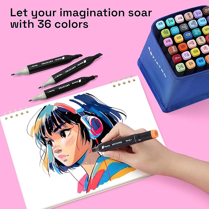 Alcohol Dual Tip Markers Set of 36 with No Bleed Ink, Bonus Case and Vibrant Fade-Resistant Colors, Art Supplies for Sketching, Manga, Drawing, Adult Coloring Books, Card Making (Fine & Chisel)