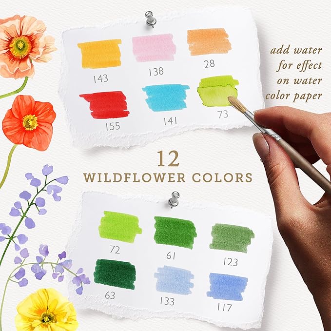 Primrosia 12 Dual Tip Watercolor Marker Pens - Fine Tip & Brush Tips, Professional Quality, 4 x Sticker Sheets, Blendable, Non-Toxic, Perfect for Calligraphy, Drawing & Coloring. (Wildflower)