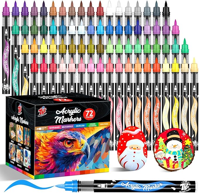 TBC The Best Crafts Acrylic Paint Markers, 72 Colors Water-Based Paint Pens for Art and Craft Projects, Multi-Surface Use on Fabric, Glass, Wood, Stone, Metal, Ceramic, Canvas, Rock