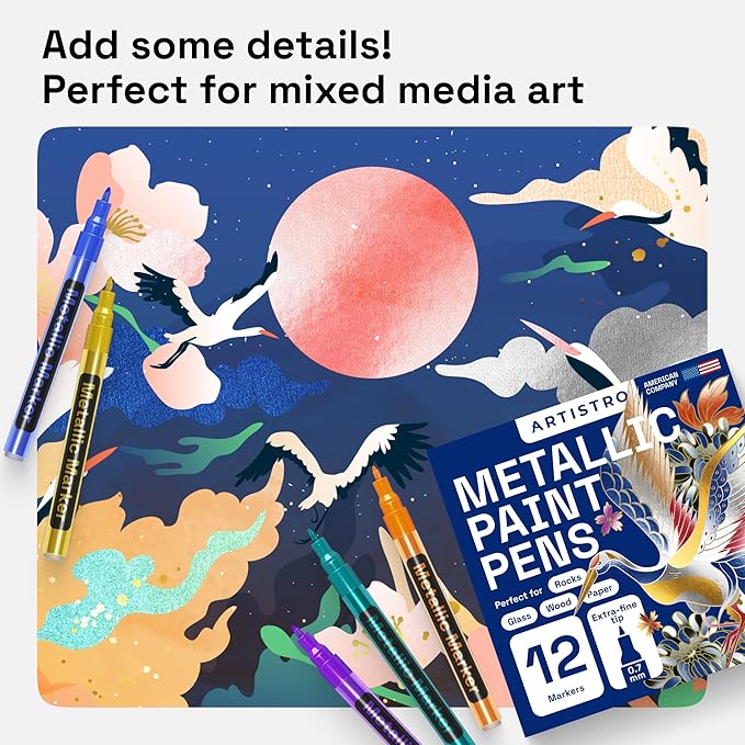 ARTISTRO 12 Metallic Paint Pens for Glass Marking, Rock Painting, Ceramic, Wood, Fabric, Scrapbooking, DIY Craft Making, Coloring - Acrylic Paint Markers Extra-Fine Tip 0.7mm