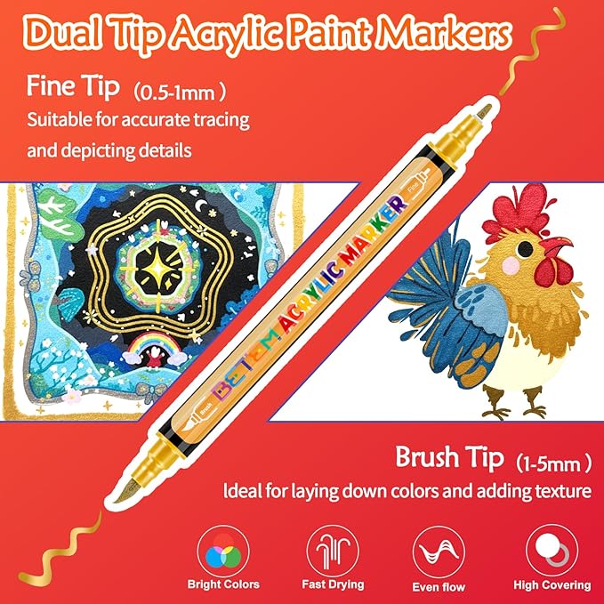 Metallic Acrylic Paint Markers, Dual Tip 24 Colors Acrylic Paint Pens with Brush Tip and Fine Point, markers for black paper, Art Supplies for Rock, Wood, Canvas, Stone, Glass,Grandkids, and Kids