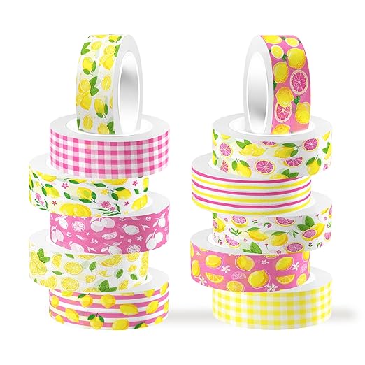 12Rolls Pink Lemon Patterns Washi Tape Set, Fruit Lemon Decorative Wahi Tape Sticker for DIY Arts Crafts, Jounal Book, Scrapbooking Card Making Supplies