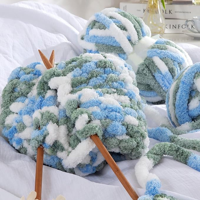 HOMBYS 8 Pack Giant Chunky Yarn for Crocheting,Super Bulky Large Soft Fluffy Yarn,Tie Dye Plush Fuzzy Yarn,Mixed Color Thick Chenille Yarn for Hand Knitting/Arm Knitting (Sky Blue,Green,White)