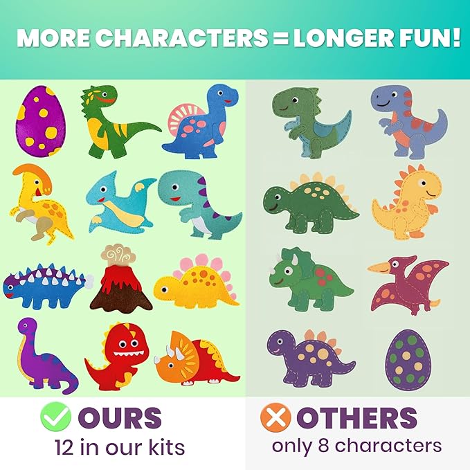 QUOKKA Kids Crafts Ages 7-9, DIY Beginner Needle and Thread Kit - 12 Wild Dino Sewing Kit Basic - Fun Arts Crafts for Kids Ages 7-9 Girls Boys - Plastic Needles, Scissors - 7+ Year Old Girl Gifts