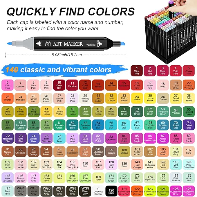 Alcohol Markers, 140+4 Colors Dual Tip Marker for Adult Coloring Books, Art Markers for Kids Adults Sketch Drawing, Marker Set with stand and Carry Case