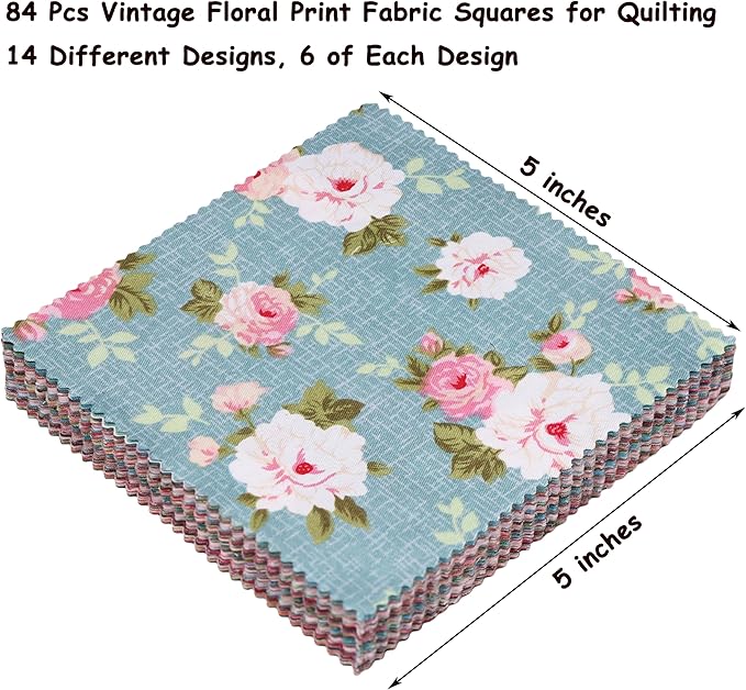 Hanjunzhao 84 Pcs Cotton Fabric Quilt Squares 5x5 inch, Charm Packs for Quilting 5 inch Clearance, 5" Charm Squares - for Quilting, Sewing, Birthday Valentine's Party Decor, and Crafts, Retro Floral