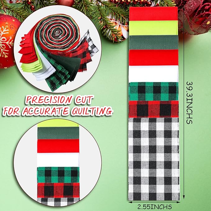 Tegeme 40 Pcs Christmas Jelly Fabric for Quilting, Cotton Buffalo Plaid Patchwork Roll, 2.55 Inch Xmas Roll up Fabric Strips Patchwork roll for Holiday Sewing DIY Crafts (Buffalo Plaid Style)