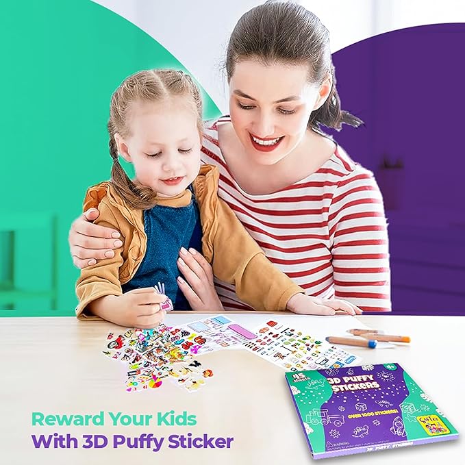 Puffy Stickers for Kids 45 Sheets - 3D Puffy Sheets - 1300+ Kids Stickers - Perfect for Party Bag Fillers, Sticker for Scrapbooking, Fun with Sticker of Cars, Letters, Numbers, Dinosaur, Stars & More