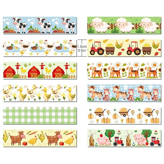 12 Pcs Farm Animals Washi Tape Farm Animals Masking Tape Decorations Farmhouse Cow Sheep Pig Ducks Decorative Paper Sticker for Vintage Journals, Planners, DIY Craft Gift Wrapping