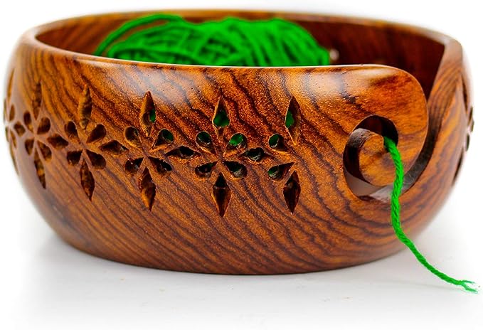 Premium Rosewood Storage Bowl for Yarn Balls & Skeins with Decorative Carved Drills & Drops & Candy Knitting Needles | Knitting & Crochet Notions | Nagina International (Small)