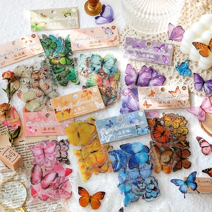 Knaid Butterfly Stickers Set (320 Pieces) Transparent Colorful Butterflies Resin Stickers Decals for Nature Scrapbook Supplies Junk Journal Bullet Journals Planners Laptops Paper Crafts