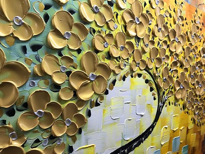 YaSheng Art -100% Hand Painted 3D Golden Flowers Contemporary Art Oil Painting On Canvas Texture Palette Knife Tree Paintings Home Dining Room Living Room Wall Decor Large Abstract Canvas Art Paintings 24x60inch