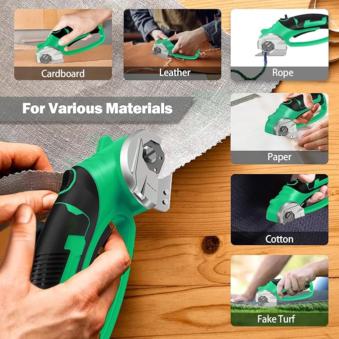 Cordless Electric Scissors, 4V Box Cutter & Cardboard Cutter with Upgrade Blade, LED Light, Safety Lock - Rechargeable Rotary Cutter for Fabric, Leather, Plastic, Sewing, Industrial (Lime Green)