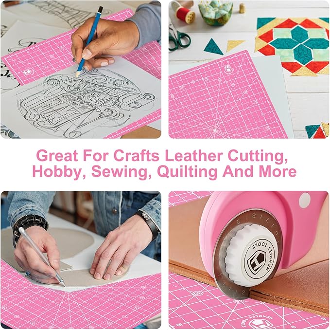 Headley Tools 12"x12" Rotating Cutting Mat, Self Healing Mat with 360-Degree Rotation & Anti-Slip Base, Sewing Board Cutting Mat Perfect for Fabric Quilting Leather Hobby Project，Pink