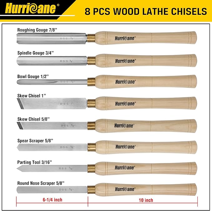 HURRICANE 8pc Wood Lathe Chisel Set with Wooden Box - HSS Wood Turning Tools for Woodworking - Perfect Tools for Precision Cutting and Smooth, Detailed Projects