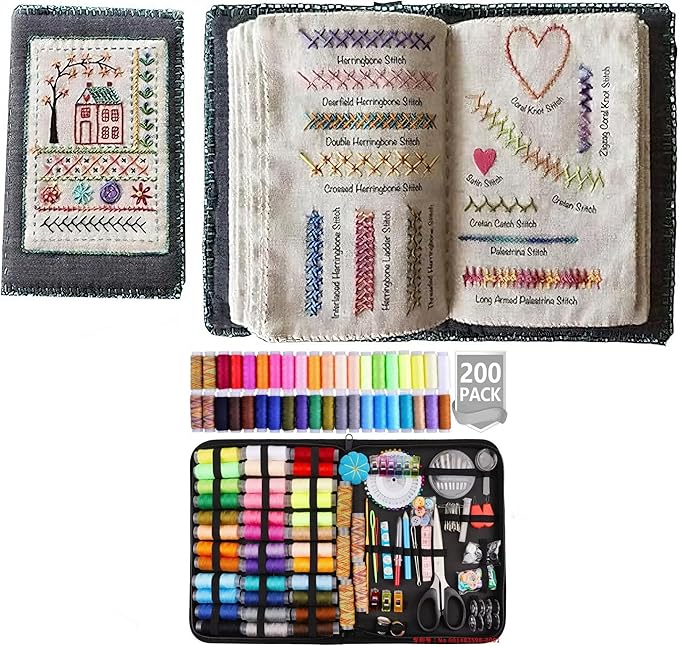 DIY Embroidery Stitch Collection, Portable All-in-One Embroidery Stitch Book & Sewing Kit，Embroidery Stitches with Free Tutorials and Sewing Tool Kit，Beginner-Friendly (200pcs)
