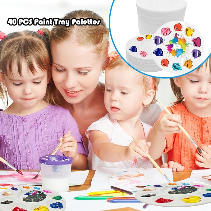 40 PCS Paint Tray Palettes,White Paint Trays for Kids,Round Plastic Paint Pallets with 10 Wells,Acrylic Paint Palette for Students DIY Craft,School Project,Painting Party