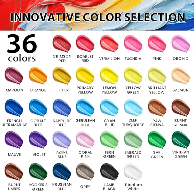 52 Pcs Acrylic Paint Set - 36 Colors (2oz/60ml) with 12 Brushes, 2 Knives & Palette - Rich Pigments for Adults, Artists & Beginners - Painting on Pumpkin Canvas Ceramic Rock Wood