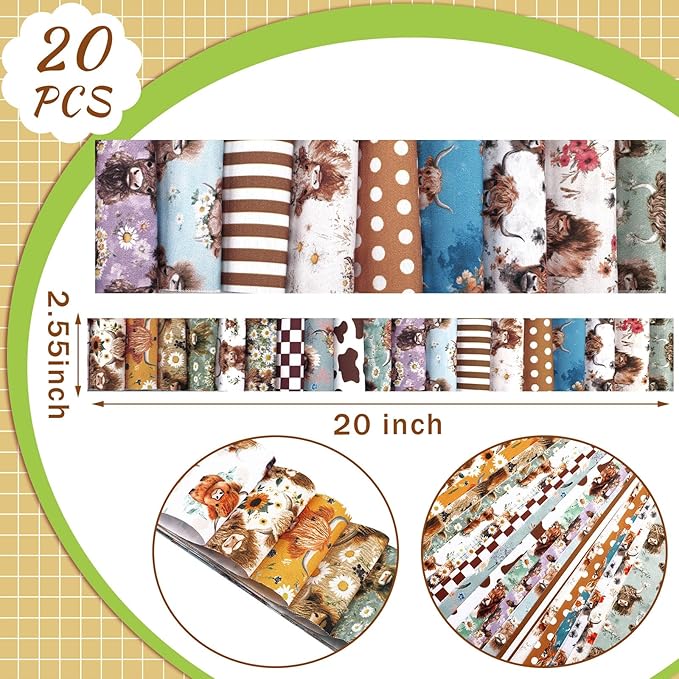 Ganeen 100 Pcs Highland Cow Quilting Fabric Roll 2.56 Inch Fabric Squares Jelly Patchwork Precut Strips Bundles for Holiday Materials Craft DIY Sewing Cloths
