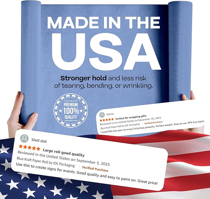48" x 1200" (100 feet) Blue Kraft Paper Roll - USA-Made Quality Craft Paper for Gift Wrapping, Kids' Arts & Crafts, School Projects - 100% Recycled Natural Material 50lb Thickness by IDL Packaging