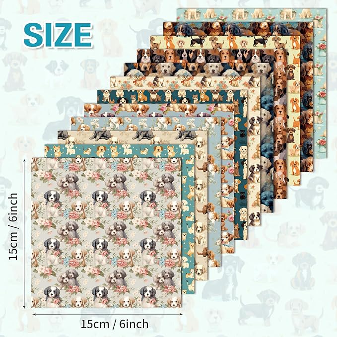 24 Sheet Puppy Scrapbook Craft Paper, Vintage Animal Scrapbook Paper Pad, 6"×6” DIY Decorative Craft, Junk Journal Gift Card Making Supplies