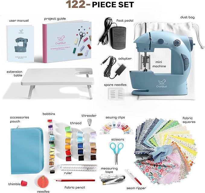 CraftBud Mini Sewing Machine for Beginners, Dual Speed Small Portable Sewing Machine for Kids and Adults with Extension Table, 122 Piece Gift Set Includes, Fabrics, Projects Book, Light and More, Blue