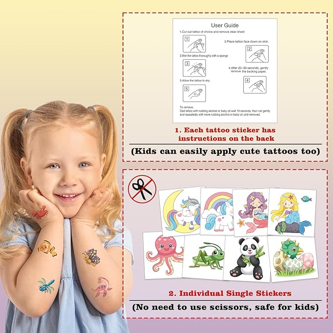 104 PCS Kids Temporary Tattoos for Party Supplies, Dinosaur Unicorns Mermaid Animal Temp Tattoo Stickers for Kids Girls Boys Birthday Party Favors Activities